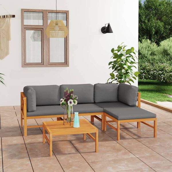 vidaXL 5-tlg. Garten-Lounge-Set mit Grauen Kissen Massivholz Teak