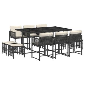 vidaXL 11-tlg. Garten-Essgruppe mit Kissen Schwarz Poly Rattan