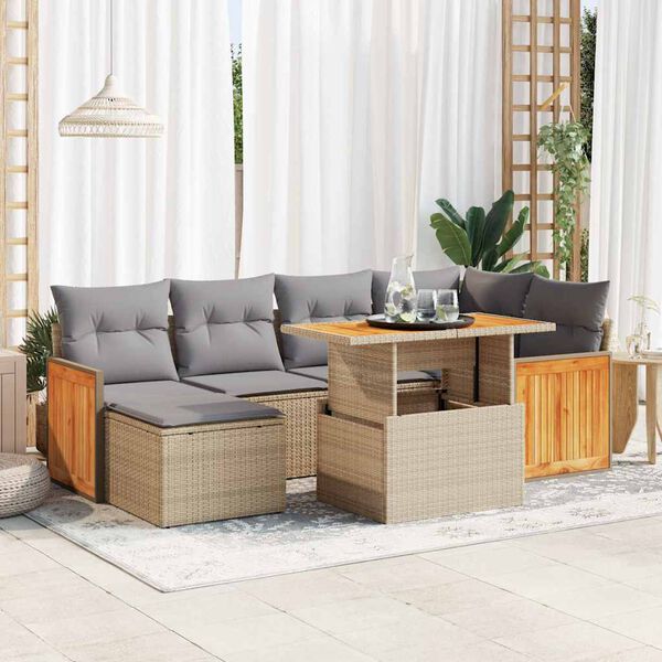 vidaXL 7-tlg. Garten-Sofagarnitur mit Kissen Beige Poly Rattan Akazie