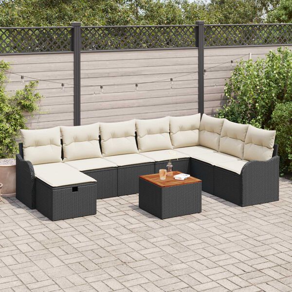 vidaXL Garten-Sofa-Set mit Kissen 9 pcs Schwarz Poly Rattan