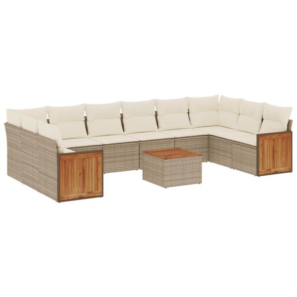 vidaXL 11-tlg. Garten-Sofagarnitur mit Kissen Beige Poly Rattan