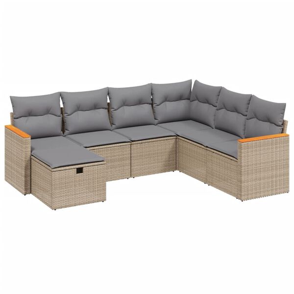 vidaXL 7-tlg. Garten-Sofagarnitur mit Kissen Beige Poly Rattan