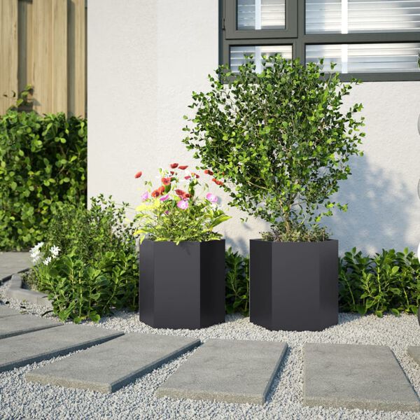 vidaXL Garten-Pflanzgef&auml;&szlig;e 2 St&uuml;ck Schwarz Sechseckig 46x40x45 Stahl