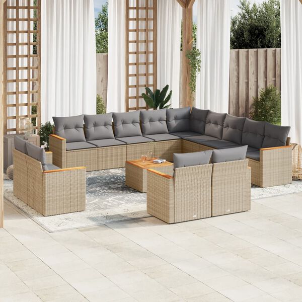 vidaXL 14-tlg. Garten-Sofagarnitur mit Kissen Beige Poly Rattan