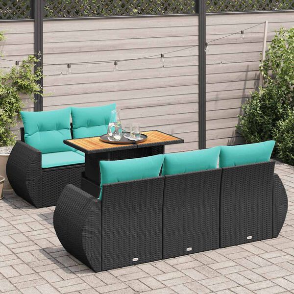 vidaXL 6-tlg. Garten-Sofagarnitur mit Kissen Schwarz Poly Rattan