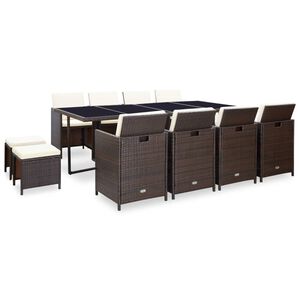 vidaXL 13-tlg. Garten-Essgruppe mit Auflagen Poly Rattan Braun