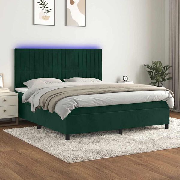 vidaXL Boxspringbett mit Matratze & LED Dunkelgr&uuml;n 180x200 cm Samt
