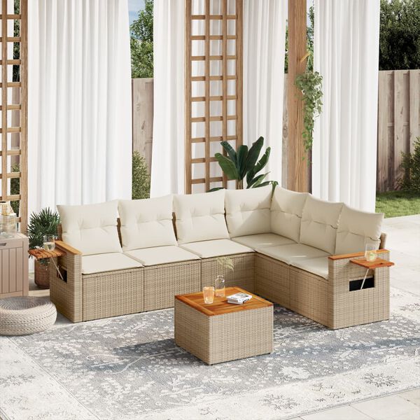 vidaXL 7-tlg. Garten-Sofagarnitur mit Kissen Beige Poly Rattan
