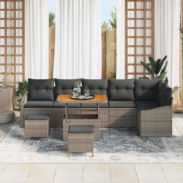 vidaXL Garten-Sofa-Set mit Kissen 9 pcs Grau Poly Rattan