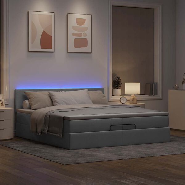 vidaXL Ottoman-Bett mit Matratzen & LEDs Hellgrau 200x200 cm Stoff