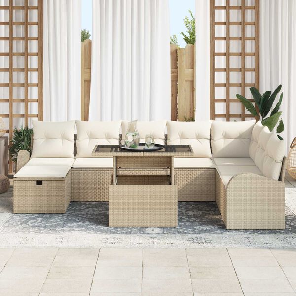vidaXL Garten-Sofa-Set mit Kissen mit Speicher 9 pcs Beige Poly Rattan