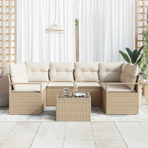 vidaXL Garten-Sofa-Set mit Kissen mit Speicher 7 pcs Beige und Creme