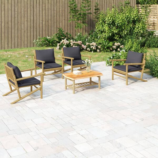vidaXL 5-tlg. Garten-Lounge-Set mit Dunkelgrauen Kissen Bambus