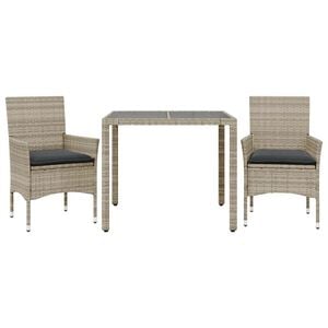 vidaXL 3-tlg. Garten-Essgruppe mit Kissen Hellgrau Poly Rattan Glas