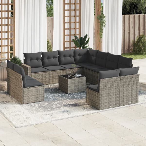 vidaXL 12-tlg. Garten-Sofagarnitur mit Kissen Grau Poly Rattan