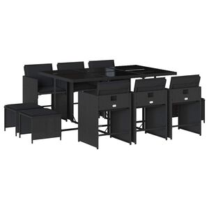 vidaXL 11-tlg. Garten-Essgruppe mit Kissen Schwarz Poly Rattan