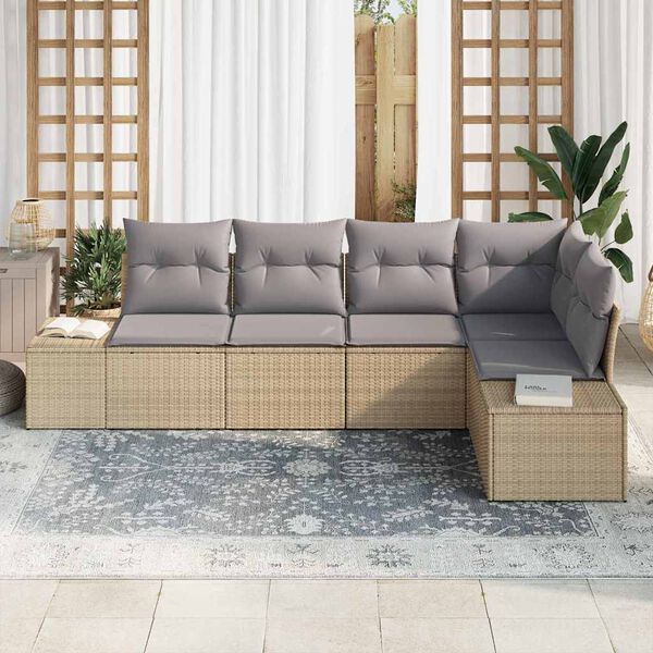vidaXL Garten-Sofa-Set mit Kissen 5 pcs Beige und Hellgrau Poly-Rattan