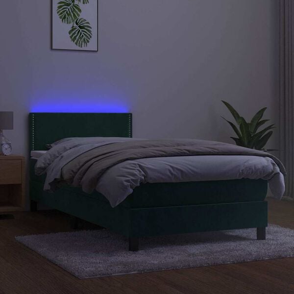 vidaXL Boxspringbett mit Matratze & LED Dunkelgr&uuml;n 100x200 cm Samt