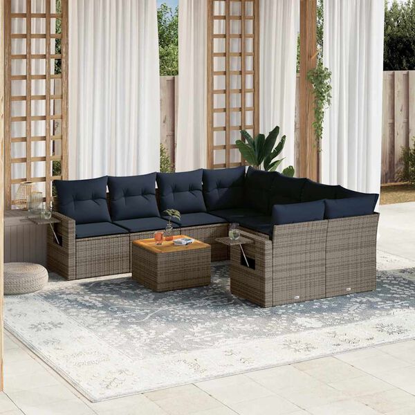 vidaXL 9-teiliges Gartensofa-Set mit Kissen, grau, Polyrattan