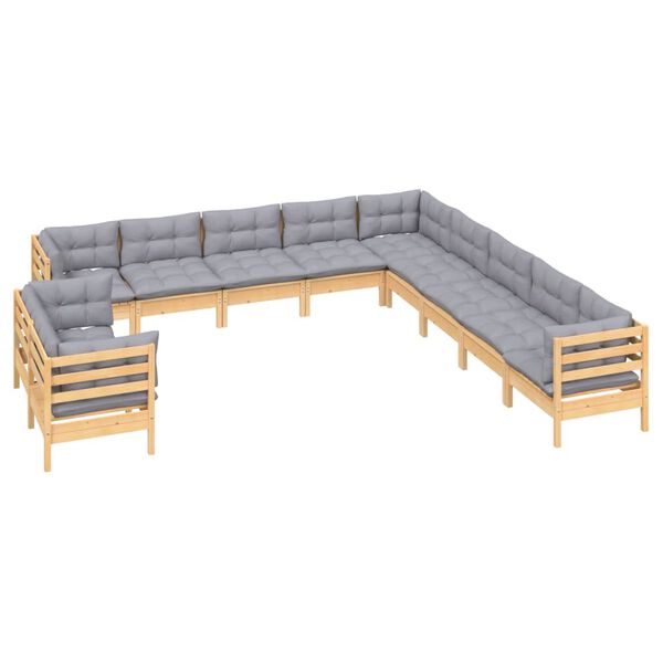 vidaXL 11-tlg. Garten-Lounge-Set mit Grauen Kissen Massivholz Kiefer