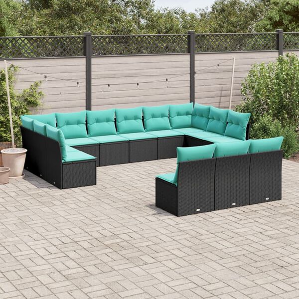 vidaXL 13-tlg. Garten-Sofagarnitur mit Kissen Schwarz Poly Rattan