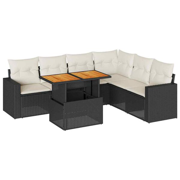 vidaXL 7-tlg. Garten-Sofagarnitur mit Kissen Schwarz Poly Rattan