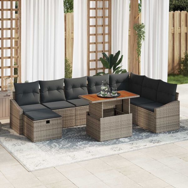 vidaXL Gartensofa-set mit Kissen mit Speicher 9 pcs Grau Poly-Rattan
