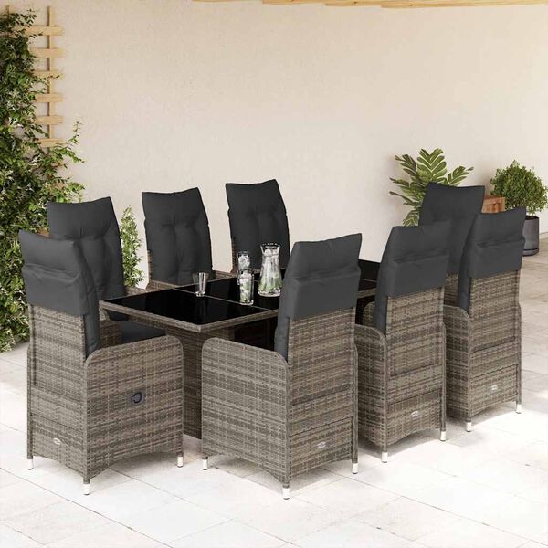vidaXL 9-tlg. Garten-Bistro-Set mit Kissen Grau Poly Rattan