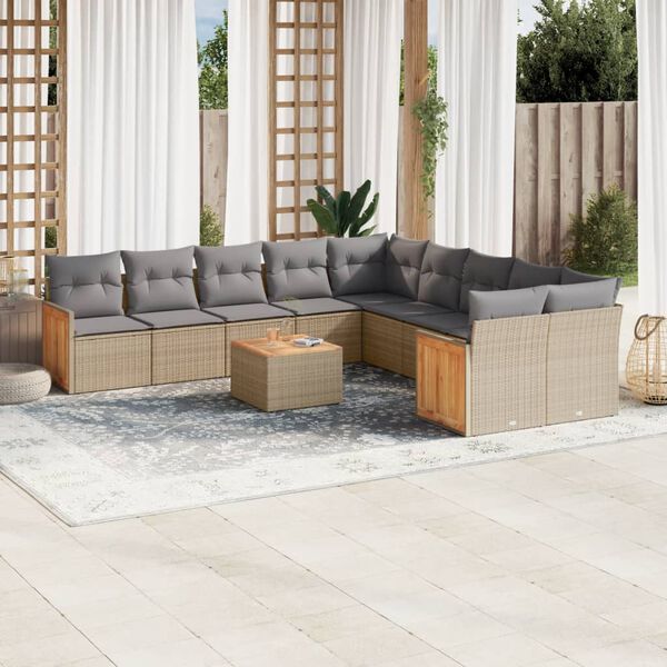 vidaXL 11-tlg. Garten-Sofagarnitur mit Kissen Beige Poly Rattan