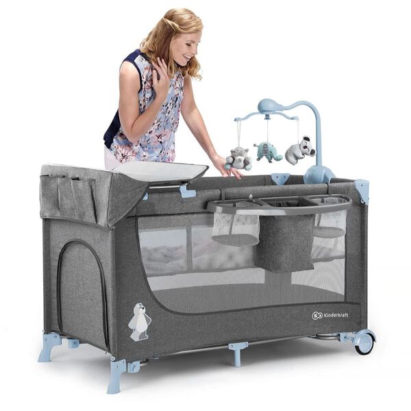 Kinderkraft Reisebett Faltbar JOY mit Zubeh&ouml;r Blau und Grau