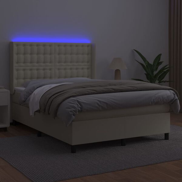 vidaXL Boxspringbett mit Matratze & LED Creme 140x190 cm Kunstleder