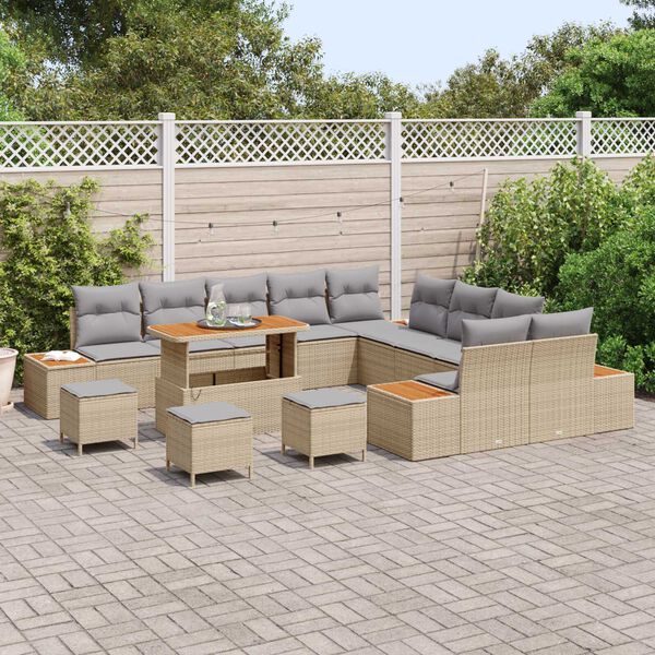 vidaXL Gartensofa-set mit Kissen mit Speicher 14 pcs Beige Poly Rattan