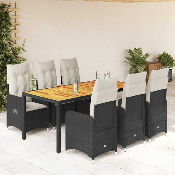 vidaXL 7-tlg. Garten-Bistro-Set mit Kissen Schwarz Poly Rattan
