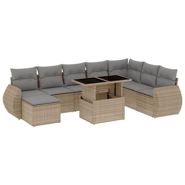 vidaXL 9-tlg. Garten-Sofagarnitur mit Kissen Beige Poly Rattan