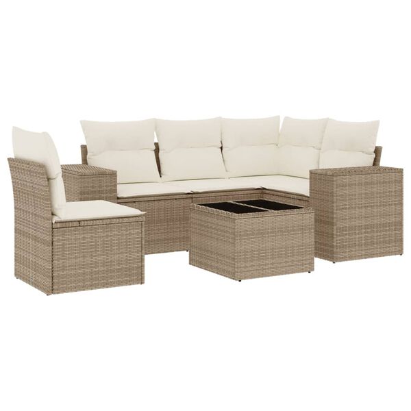 vidaXL 6-tlg. Garten-Sofagarnitur mit Kissen Beige Poly Rattan