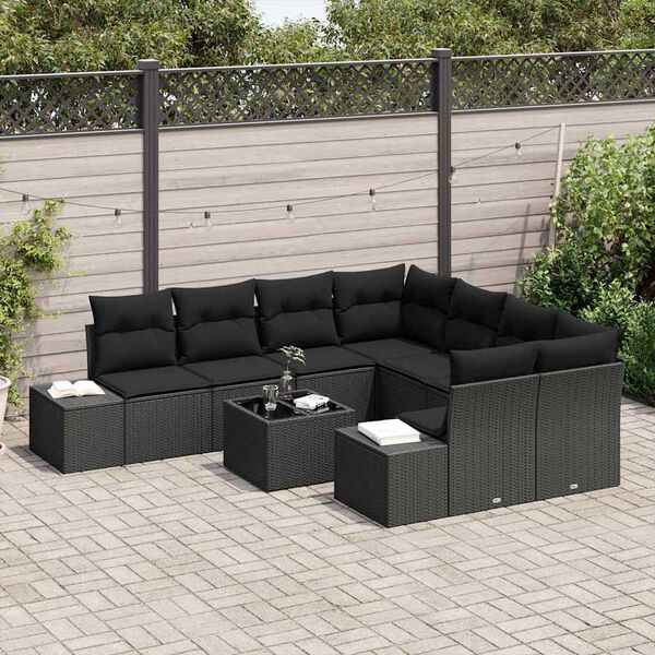 vidaXL Garten-Sofa-Set mit Kissen 9 pcs Schwarz Poly-Rattan