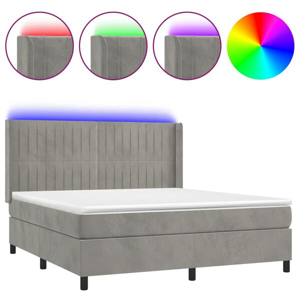 vidaXL Boxspringbett mit Matratze & LED Hellgrau 180x200 cm Samt
