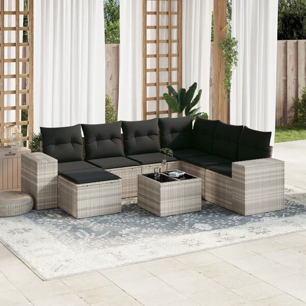 vidaXL 8-tlg. Garten-Sofagarnitur mit Kissen Hellgrau Poly Rattan