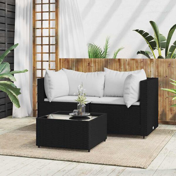vidaXL 3-tlg. Garten-Lounge-Set mit Kissen Schwarz Poly Rattan