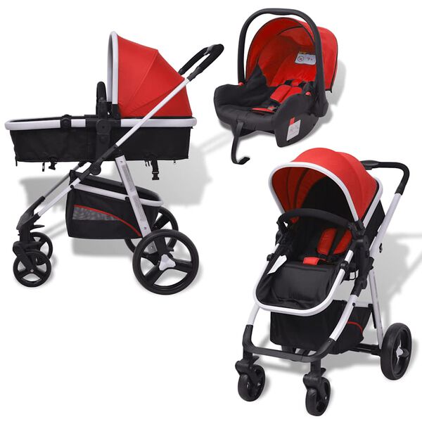 vidaXL 3-in-1 Kinderwagen Aluminium Rot und Schwarz