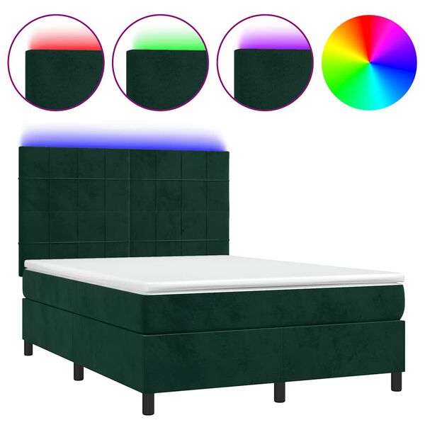 vidaXL Boxspringbett mit Matratze & LED Dunkelgr&uuml;n 140x190 cm Samt