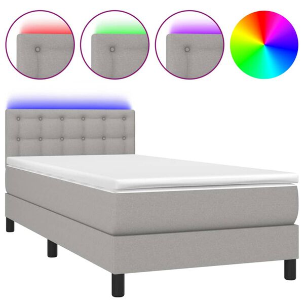 vidaXL Boxspringbett mit Matratze & LED Hellgrau 90x200 cm Stoff