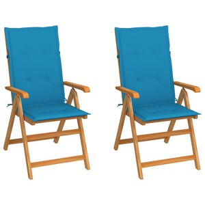 vidaXL Klappst&uuml;hle, 2 St&uuml;ck, mit blauen Kissen, aus massivem Teakholz