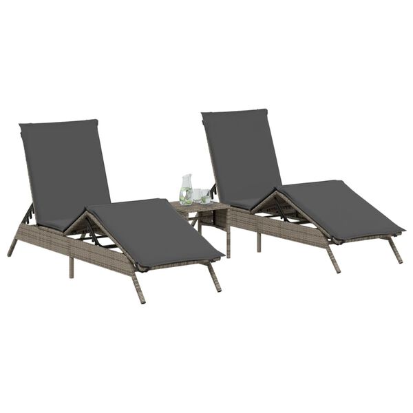 vidaXL Sonnenliegen 2 Stk. mit Tisch Grau Poly Rattan