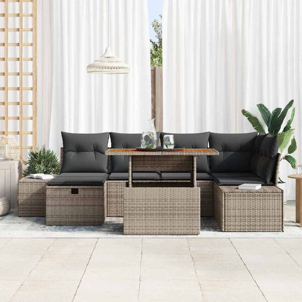 vidaXL Garten-Sofa-Set mit Kissen mit Speicher 7 pcs Grau Poly Rattan