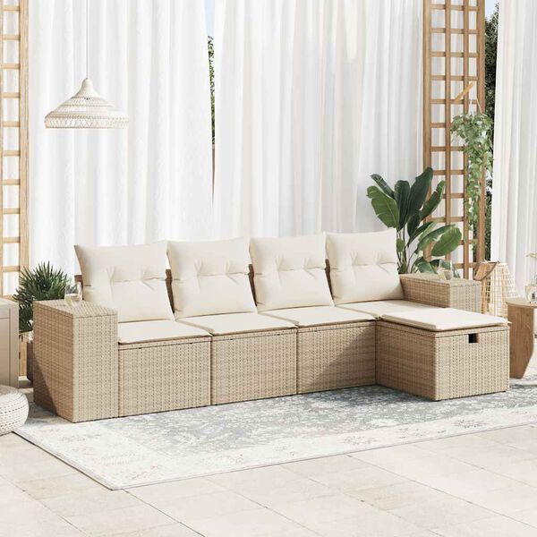 vidaXL 5-tlg. Garten-Sofagarnitur mit Kissen Beige Poly Rattan