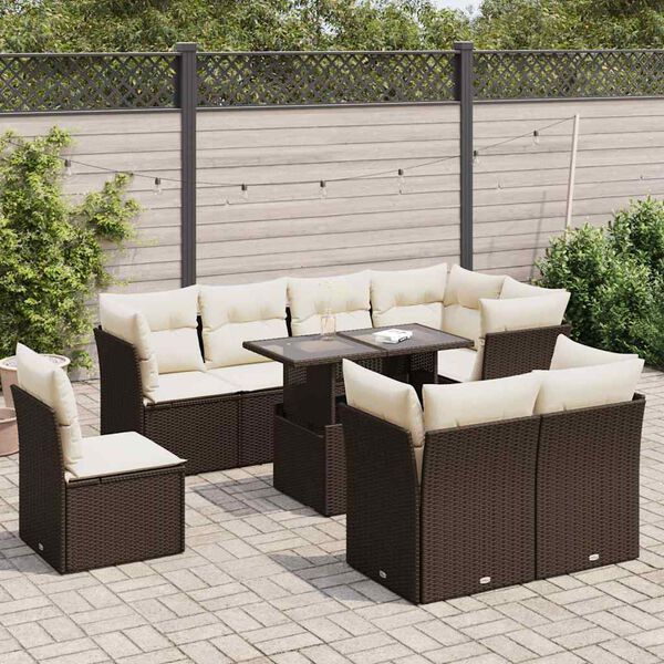 vidaXL 9-tlg. Garten-Sofagarnitur mit Kissen Braun Poly Rattan