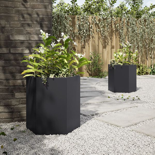 vidaXL Garten-Pflanzgef&auml;&szlig;e 2 St&uuml;ck Schwarz Sechseckig 46x40x45 Stahl