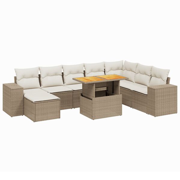 vidaXL 9-tlg. Garten-Sofagarnitur mit Kissen Beige Poly Rattan