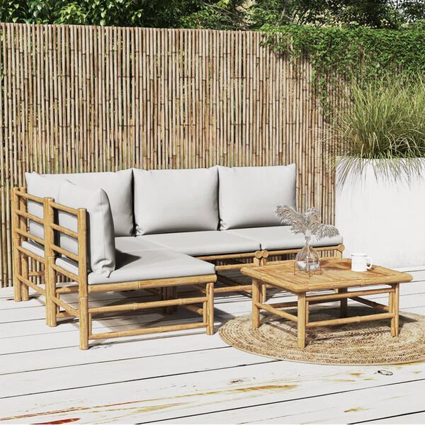 vidaXL 5-tlg. Garten-Lounge-Set mit Hellgrauen Kissen Bambus